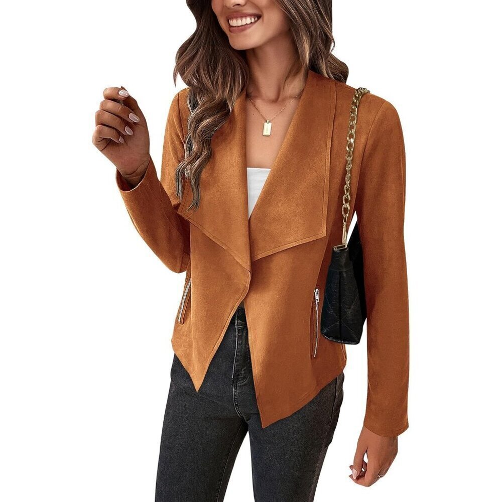 Women's Brown PRETTYGARDEN Faux Suede Jackets Fall Clothes Long Sleeve